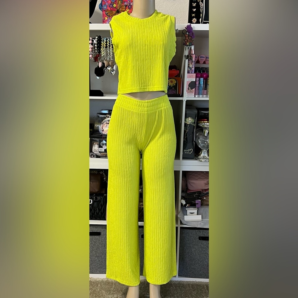 Iris Yellow Wide Leg Pants with Ribbed Texture